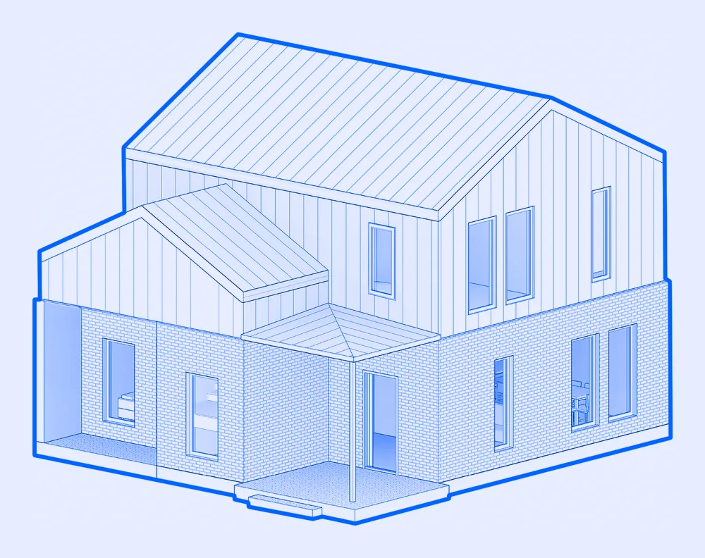 Axonometric cutaway of a two-storey house drawn in BIM